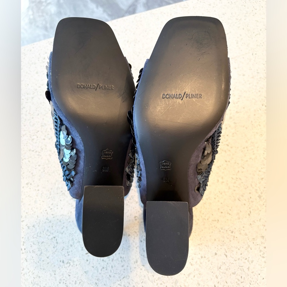 Navy Blue Block Heel Open Toe Slide Sandals Leather & Suede With Sequin Design - Picture 9 of 15